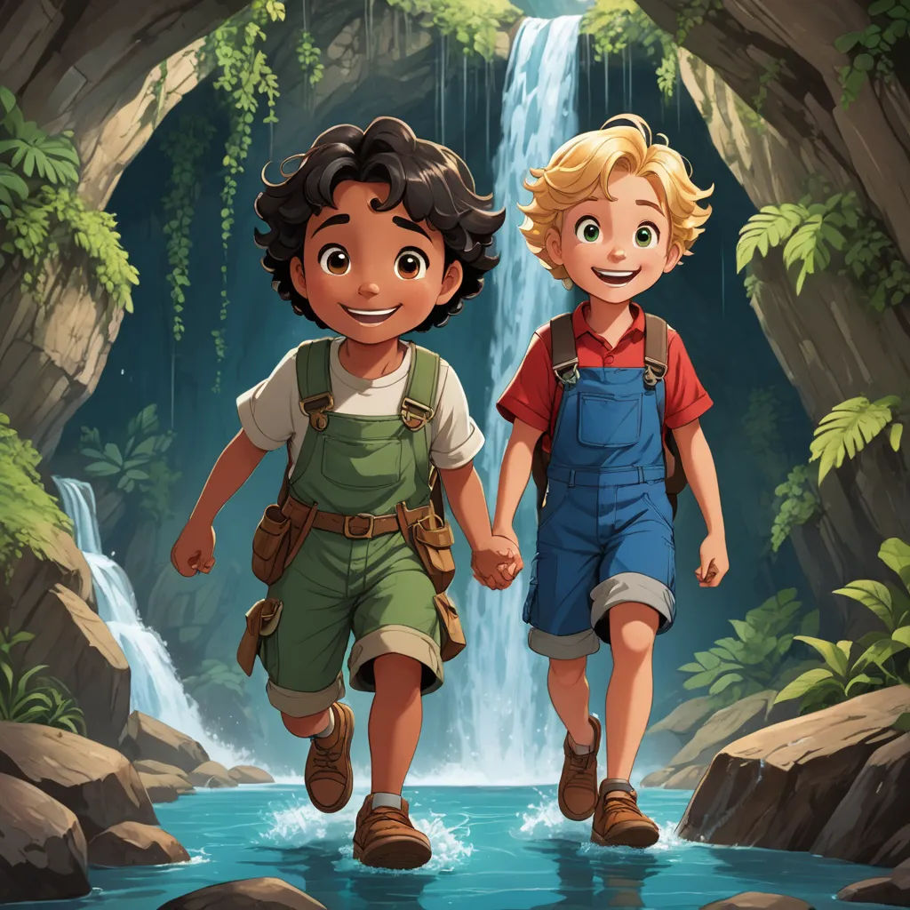 two children walking in front of a waterfall in a forest illustration by alex krautt for the children's book, the jungle, sots art, concept art, Brothers Hildebrandt, official art