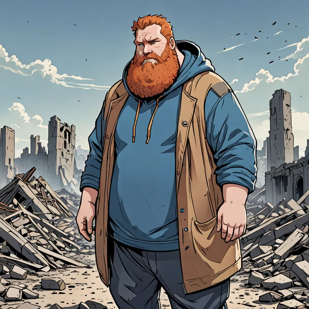 a man with a beard and a blue shirt is standing in a destroyed area with a city in the background, Cedric Seaut (Keos Masons), context art, a comic book panel, laurie greasley
