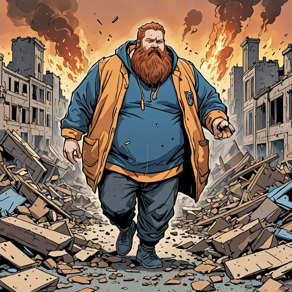 a man with a beard and a beard standing in a rubble area with a building in the background and a lot of rubble, Alan Davis, context art, a comic book panel, official art