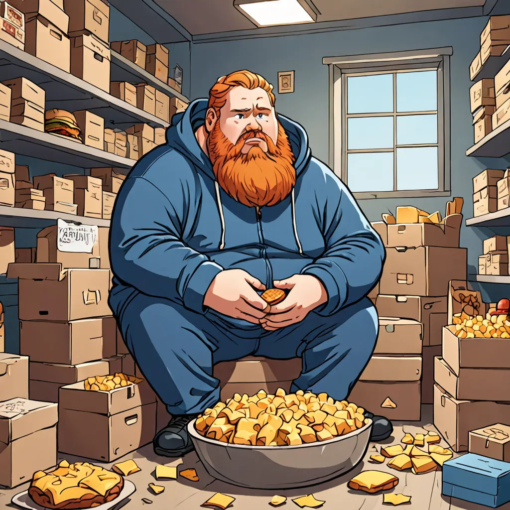 a man with a beard is sitting in a room full of boxes and boxes of food and a bowl of food, Artur Grottger, context art, a character portrait, official art