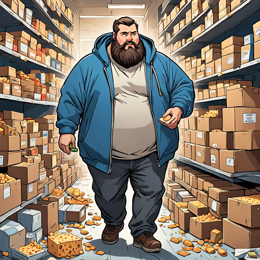 a man standing in a store filled with boxes and boxes of food and a beard and a blue jacket, Asaf Hanuka, figurativism, a comic book panel, comic cover art