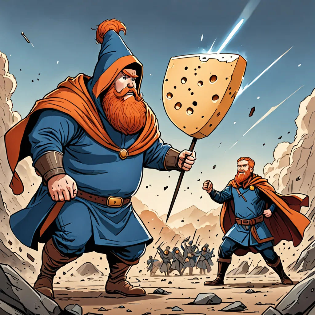 a cartoon of a man holding a giant cheese slice and a sword in his hand, with a man in the background, Chris LaBrooy, fantasy art, a comic book panel, comic cover art