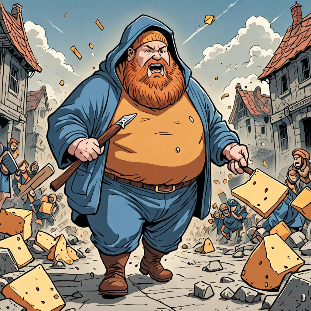 a cartoon of a man with a hammer in his hand and a bunch of cheese on the ground behind him, Artur Grottger, antipodeans, a character portrait, epic fantasy character art
