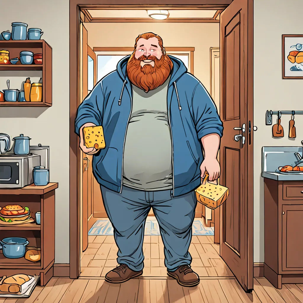 a fat man with a beard and a beard holding a cheese block in his hand and a bag of cheese, Aaron Miller, context art, a character portrait, official art
