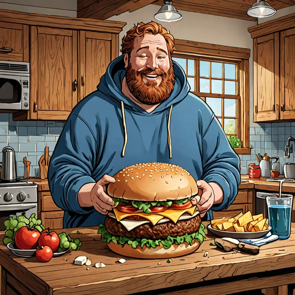 a man in a blue sweatshirt holding a large hamburger in a kitchen with a lot of food on the counter, Chris LaBrooy, hyperrealism, a character portrait, ultra realistic illustration