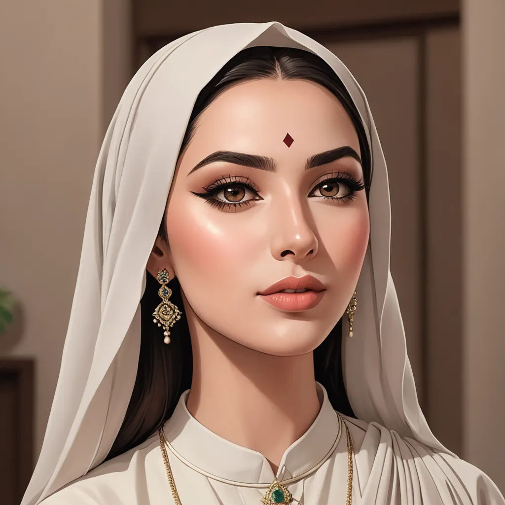 a digital painting of a woman wearing a white veil and jewelry with a green necklace and earrings on her head, qajar art, a digital painting, Charlie Bowater, highly detailed digital painting