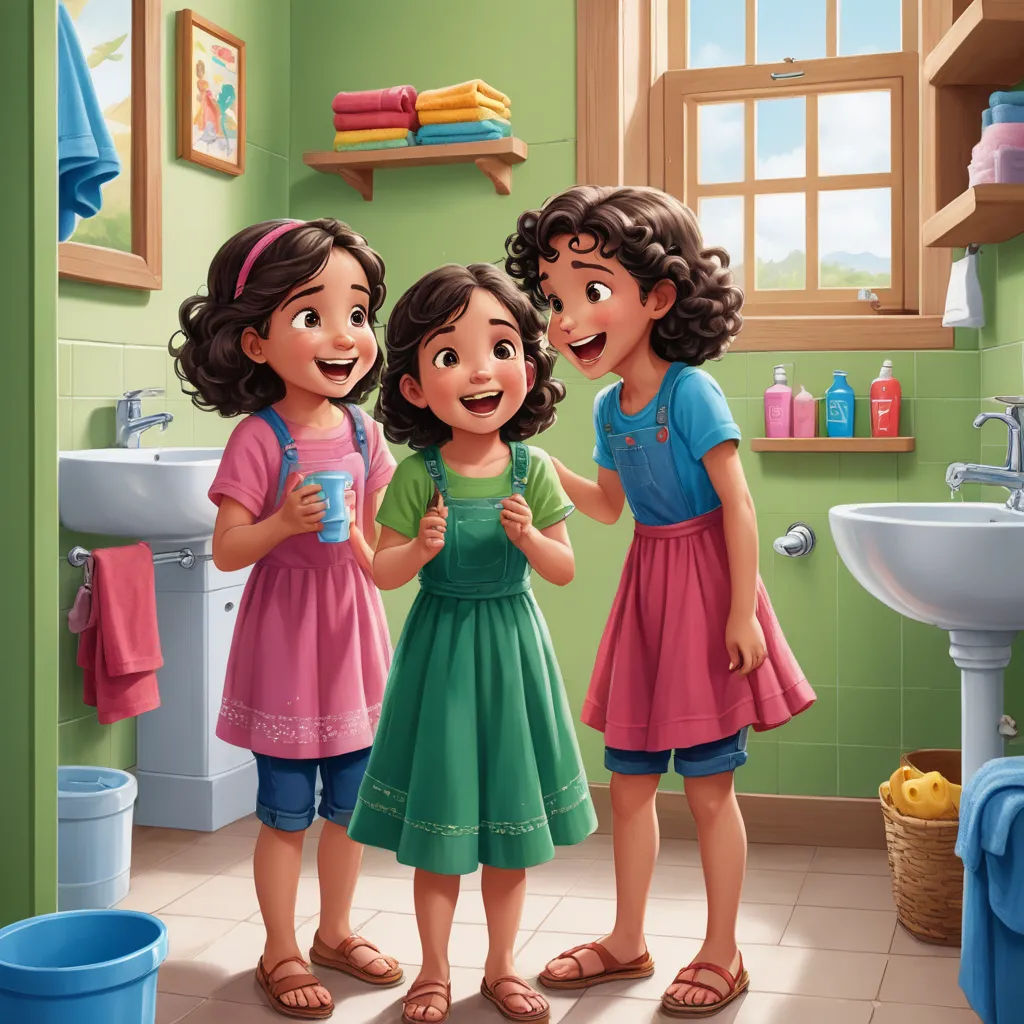 three girls in a bathroom with a sink and a mirror in the background and a window in the background, lyco art, a storybook illustration, disney, official art