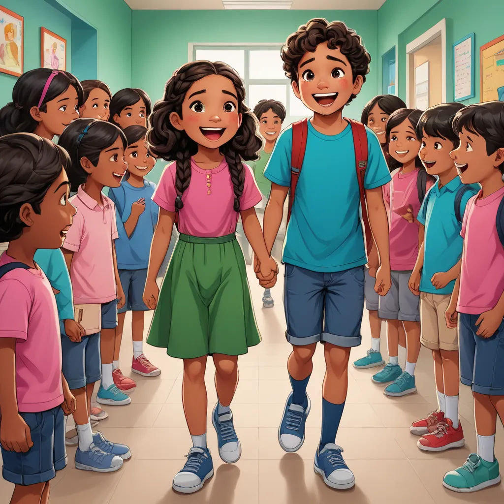 a boy and girl holding hands in a school hallway with a group of children behind them, all looking at the camera, danube school, a storybook illustration, Ella Guru, official art