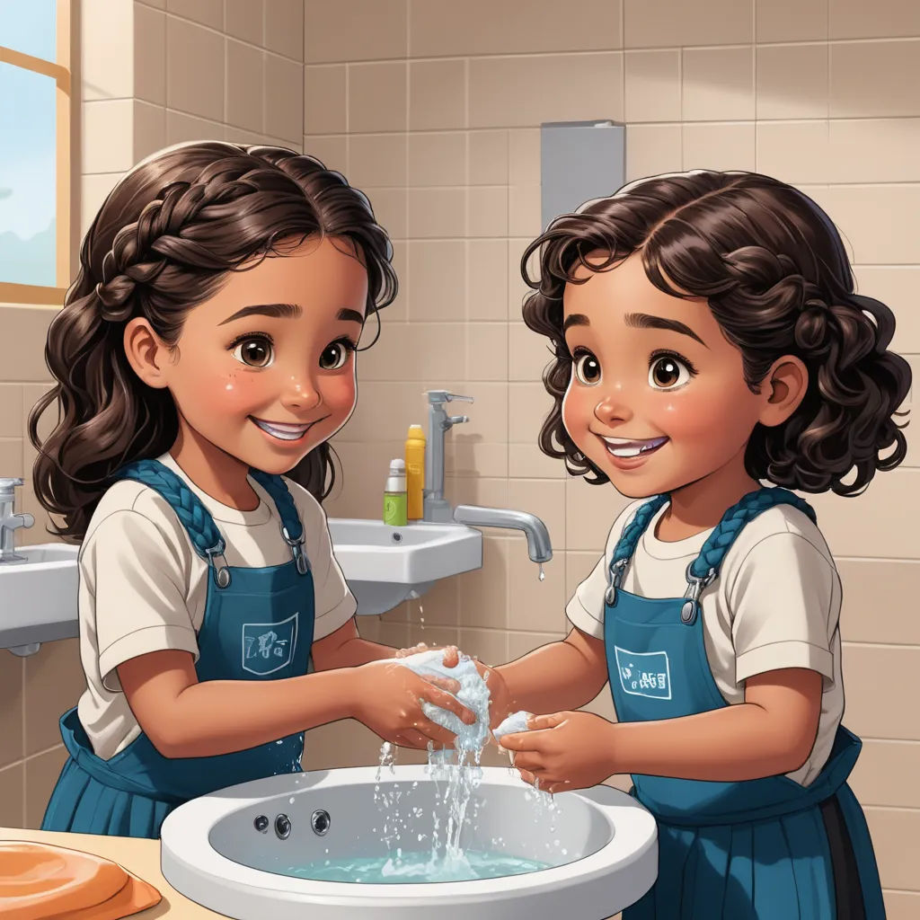 two girls washing their hands in a sink in a bathroom with a window in the background and a sink with a faucet running, lyco art, a storybook illustration, Diego Gisbert Llorens, trending on art station