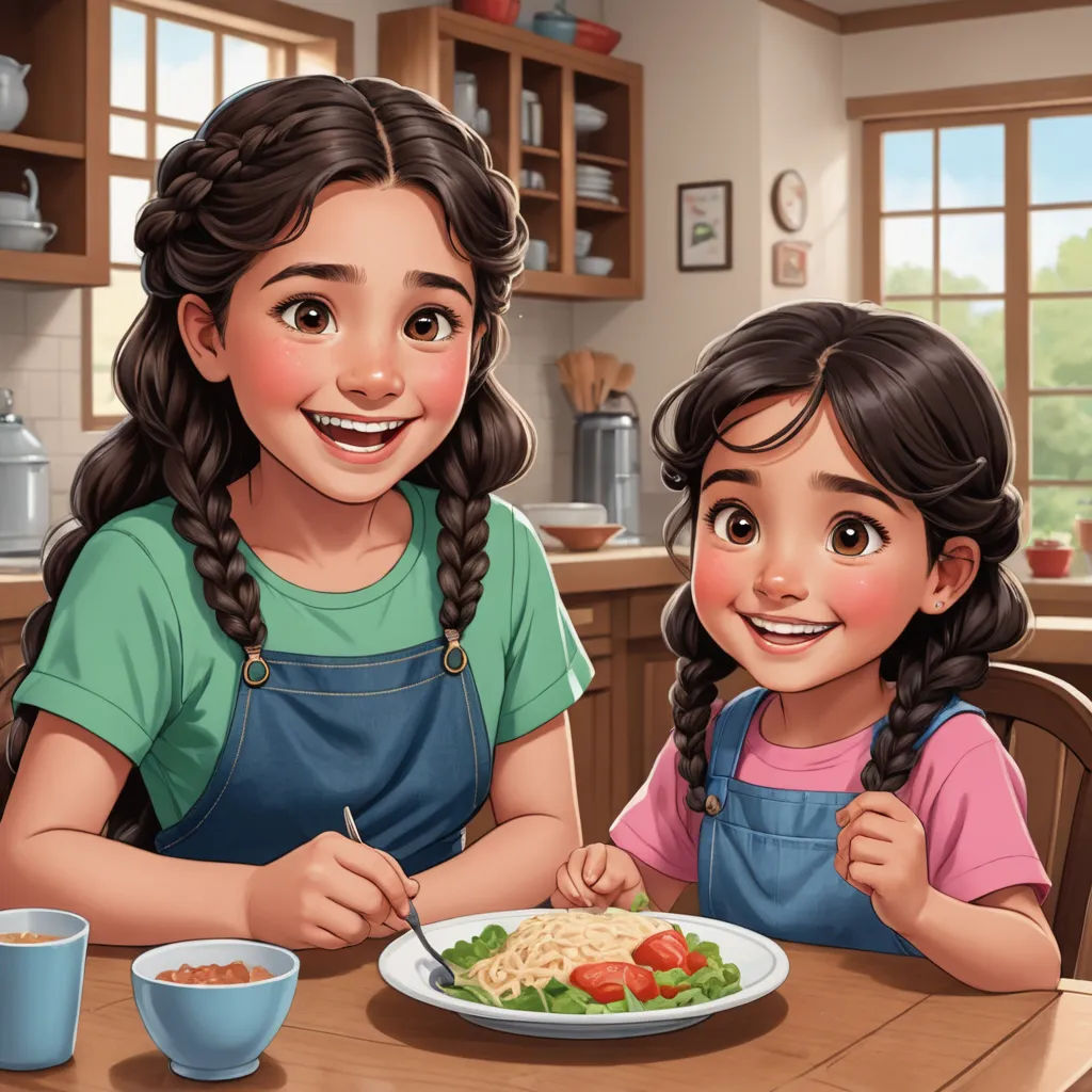 a cartoon of two girls eating spaghetti together at a table with a plate of spaghetti on it and a bowl of tomato, photorealism, a storybook illustration, Alejandro Burdisio, cgstudio