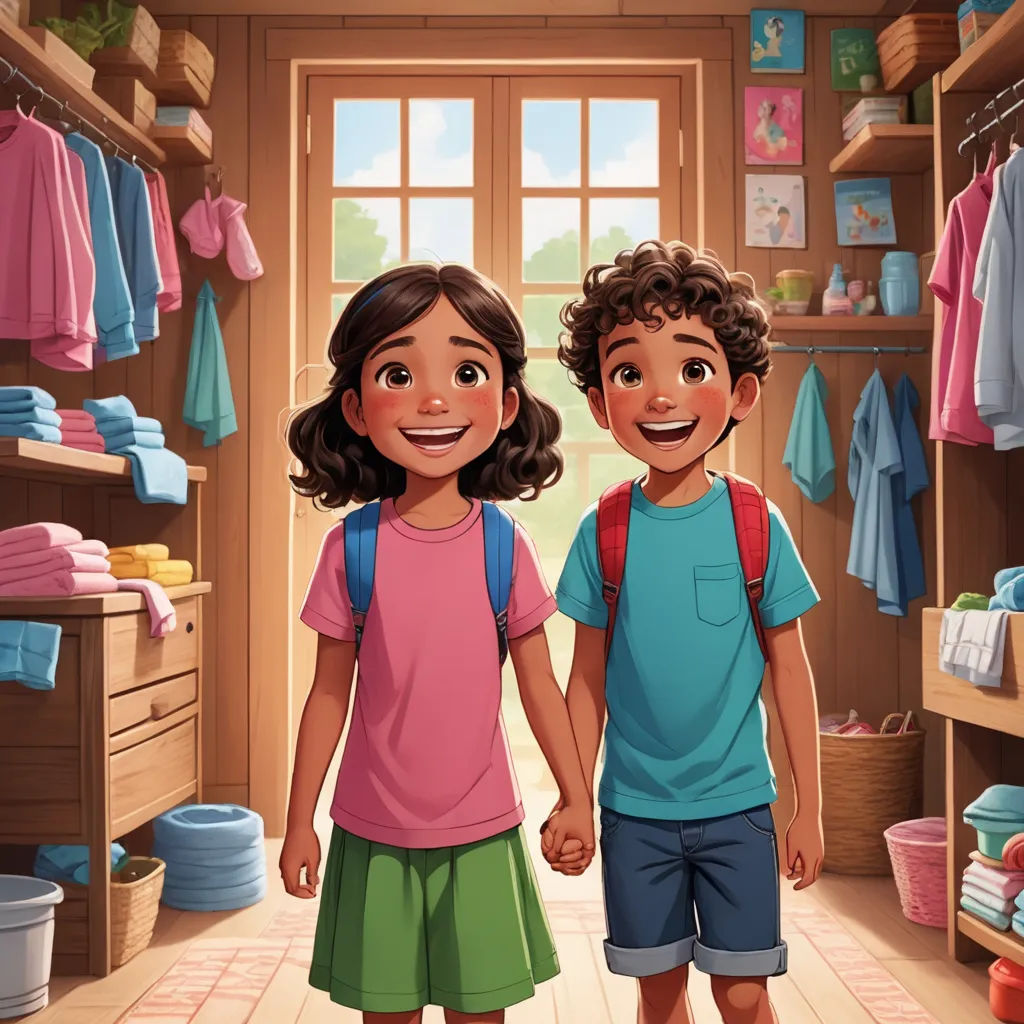 a boy and a girl are holding hands in a room with clothes on the shelves and a window with a view of the outside, photorealism, a storybook illustration, Chris LaBrooy, storybook illustration