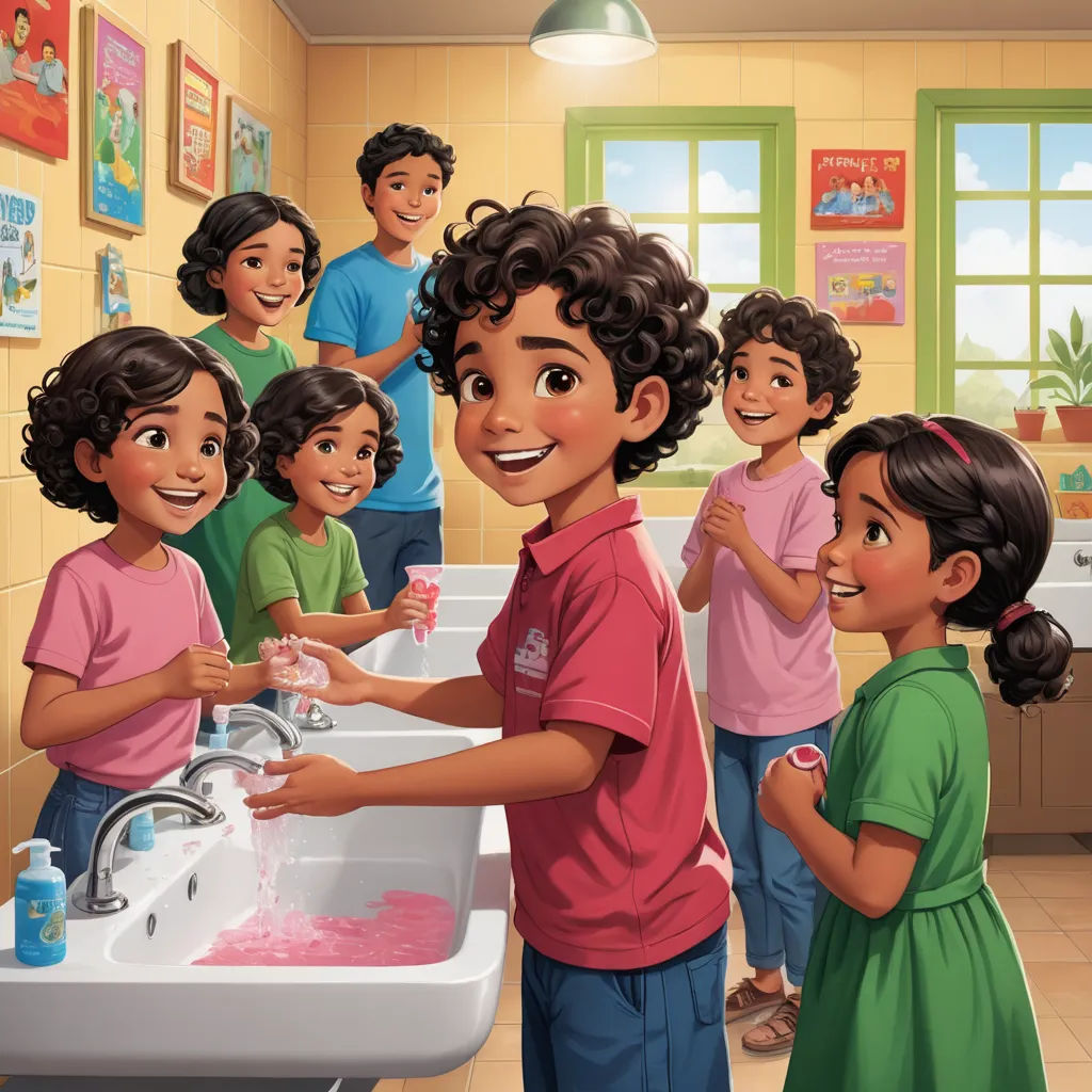 a group of children washing their hands in a sink in a bathroom with a man standing next to them, american scene painting, a storybook illustration, Chris LaBrooy, official art