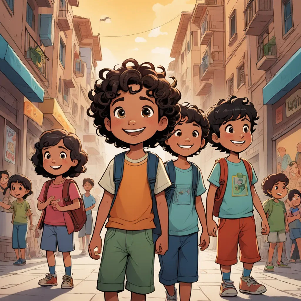 a group of children standing in a street with buildings in the background and a man in the middle of the picture, hurufiyya, a comic book panel, Altoon Sultan, official art