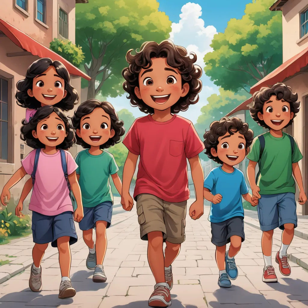 a group of children walking down a street next to a building with a tree on it's side, lyco art, concept art, disney, official art