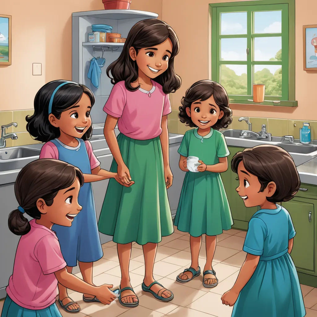 a group of children standing around a sink in a kitchen together, talking to each other and smiling at the camera, lyco art, a storybook illustration, Ella Guru, promotional image