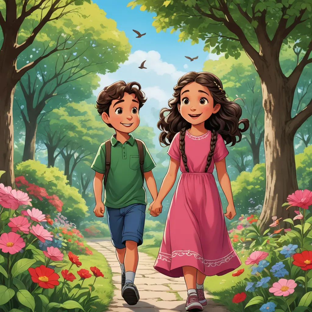 a boy and a girl walking in the park holding hands and smiling at each other with a bird flying overhead, magical realism, a storybook illustration, Diego Gisbert Llorens, storybook illustration