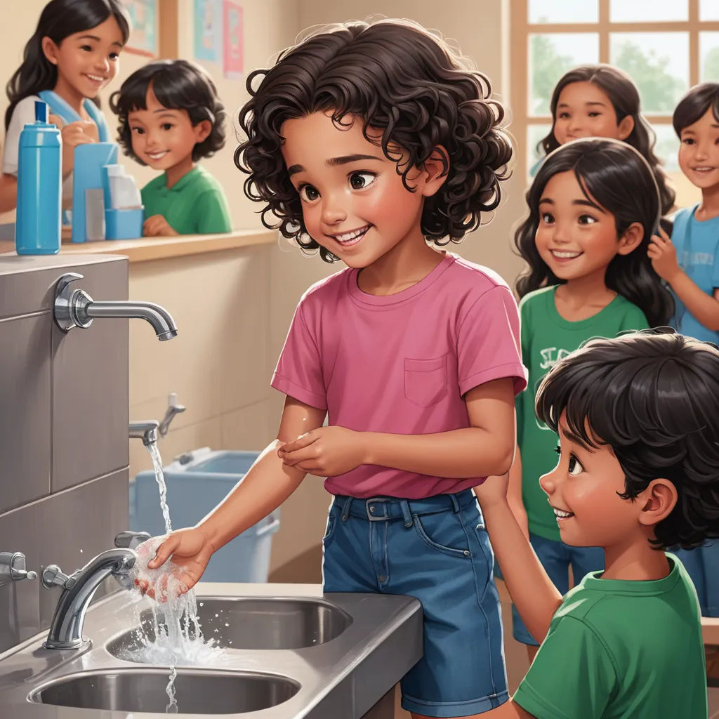 a painting of a girl washing her hands in a sink with other children in the background smiling and standing around, american scene painting, a storybook illustration, Chris LaBrooy, official art