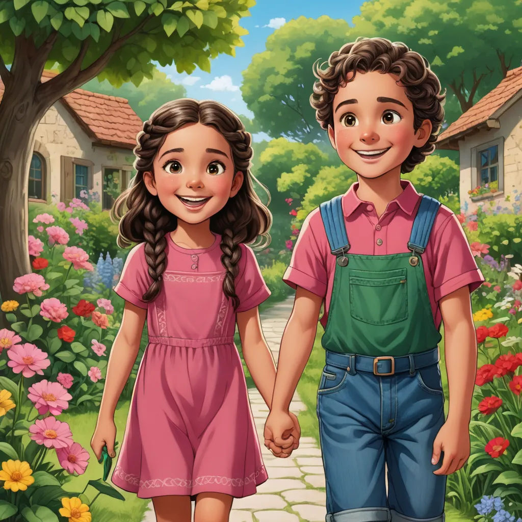 a boy and a girl are walking in the garden together holding hands and smiling at the camera, with a house in the background, naive art, a storybook illustration, Brothers Hildebrandt, storybook illustration