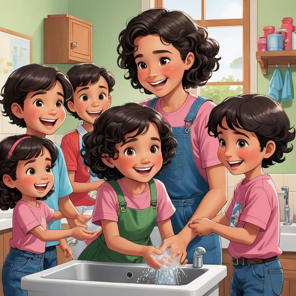 a woman and her children washing their hands in a sink together in a kitchen illustration by alex kutch, lyco art, a storybook illustration, Diego Gisbert Llorens, detailed illustration