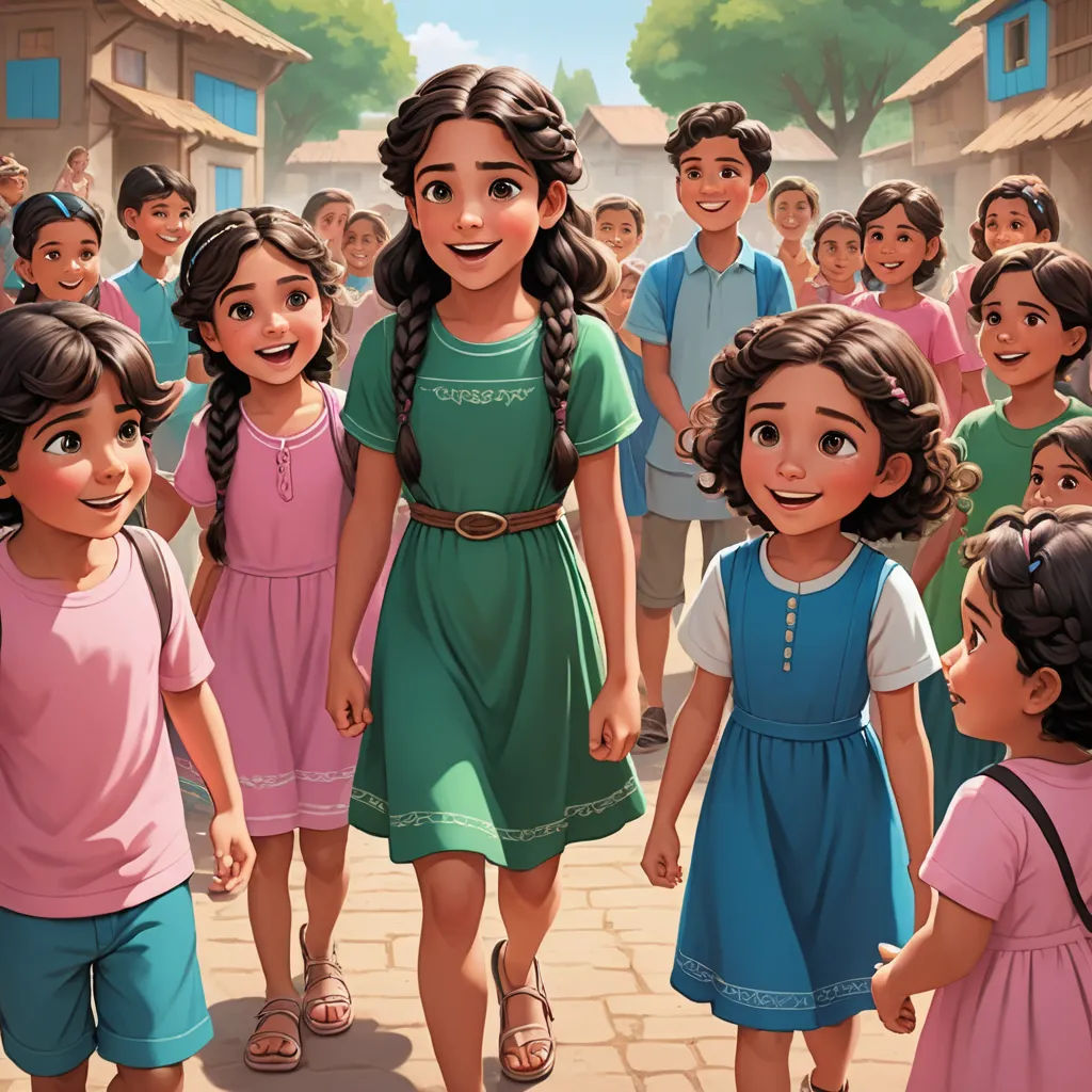 a group of children standing next to each other on a street with a woman in a green dress and a man in a pink shirt, samikshavad, a storybook illustration, Ella Guru, official art