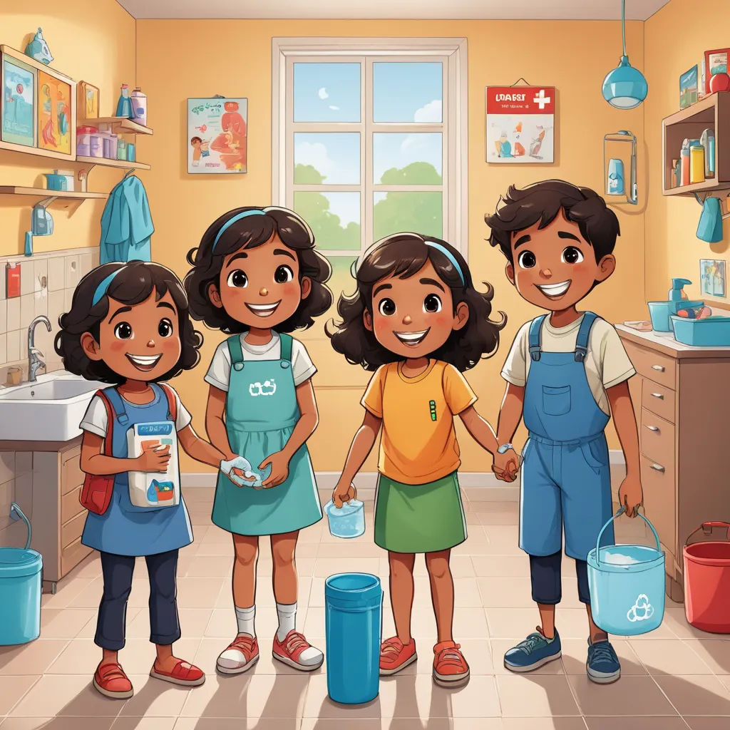 a group of children standing in a kitchen holding hands and smiling at the camera with a bucket and bucket, lyco art, a storybook illustration, Anthony Devas, promotional image