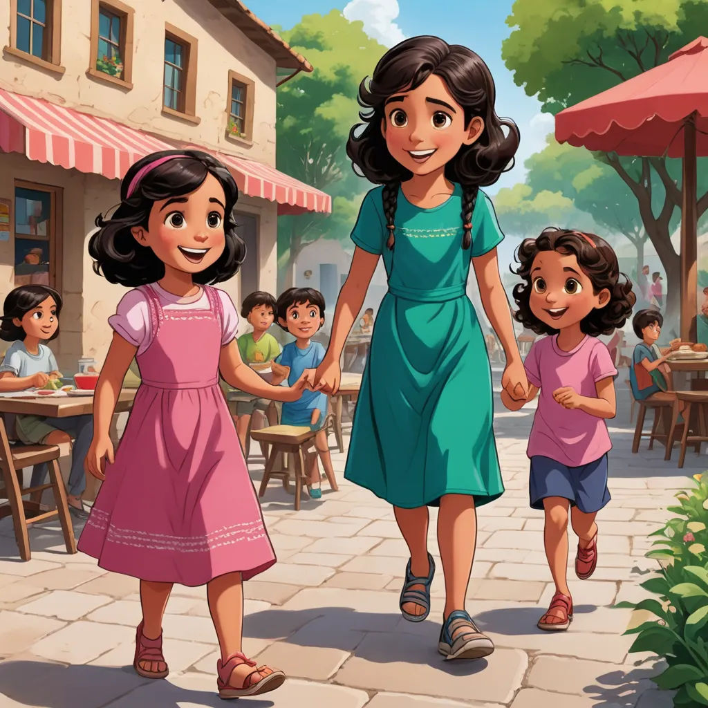 a cartoon of a woman and two children walking down a sidewalk with a restaurant in the background and a man holding hands, lyco art, a storybook illustration, disney, official art