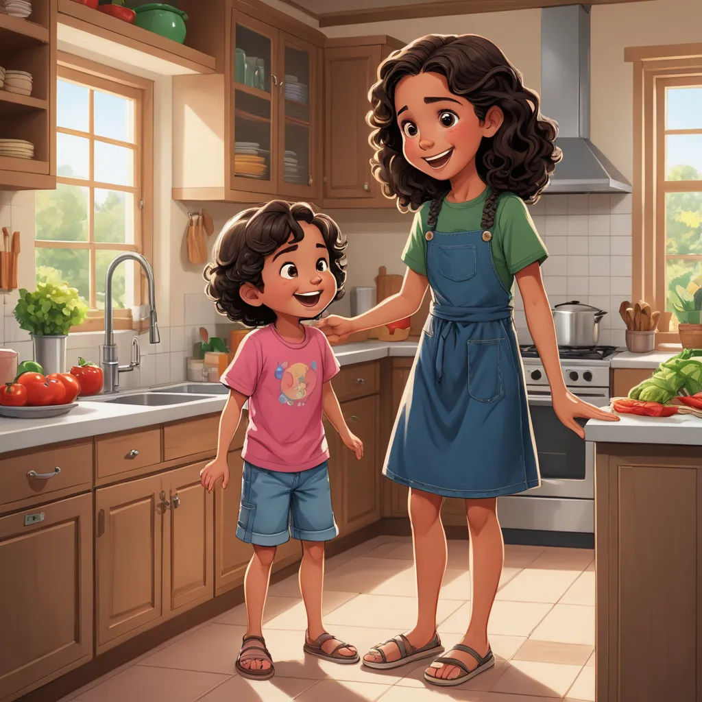 a cartoon of a mother and daughter in the kitchen together, with the child standing next to her and the mother holding the child's hand, american scene painting, a storybook illustration, Diego Gisbert Llorens, official art