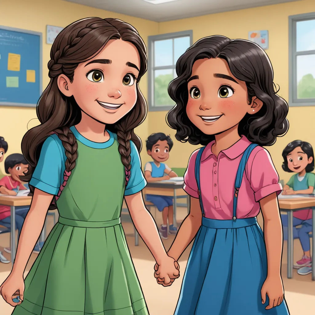 a couple of girls standing next to each other in a classroom with a desk full of children behind them, vancouver school, a storybook illustration, Ada Gladys Killins, official art