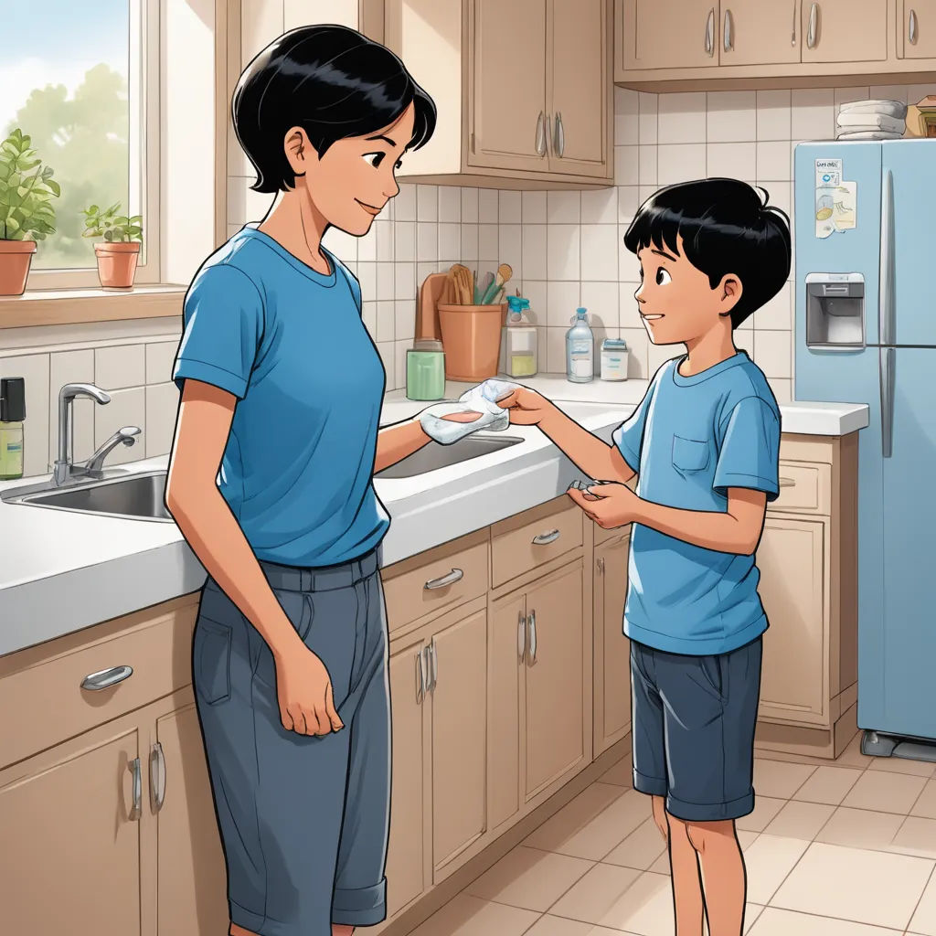 a woman and a boy are in the kitchen together and one is holding a plate of food and the other is looking at the other, private press, a storybook illustration, Anthony Devas, storybook illustration