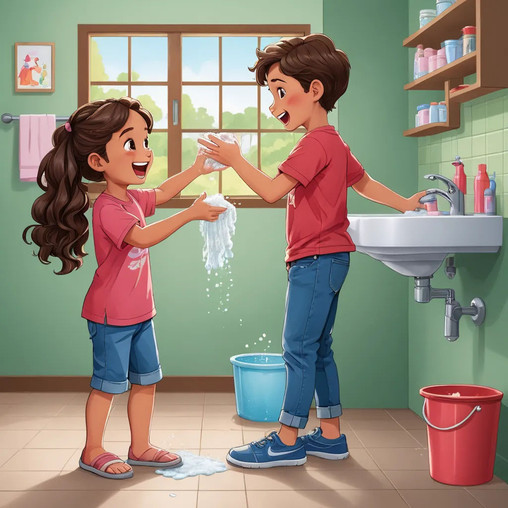 a boy and a girl washing their hands in a bathroom with a window and a sink in the background, lyco art, a storybook illustration, Chris LaBrooy, storybook illustration