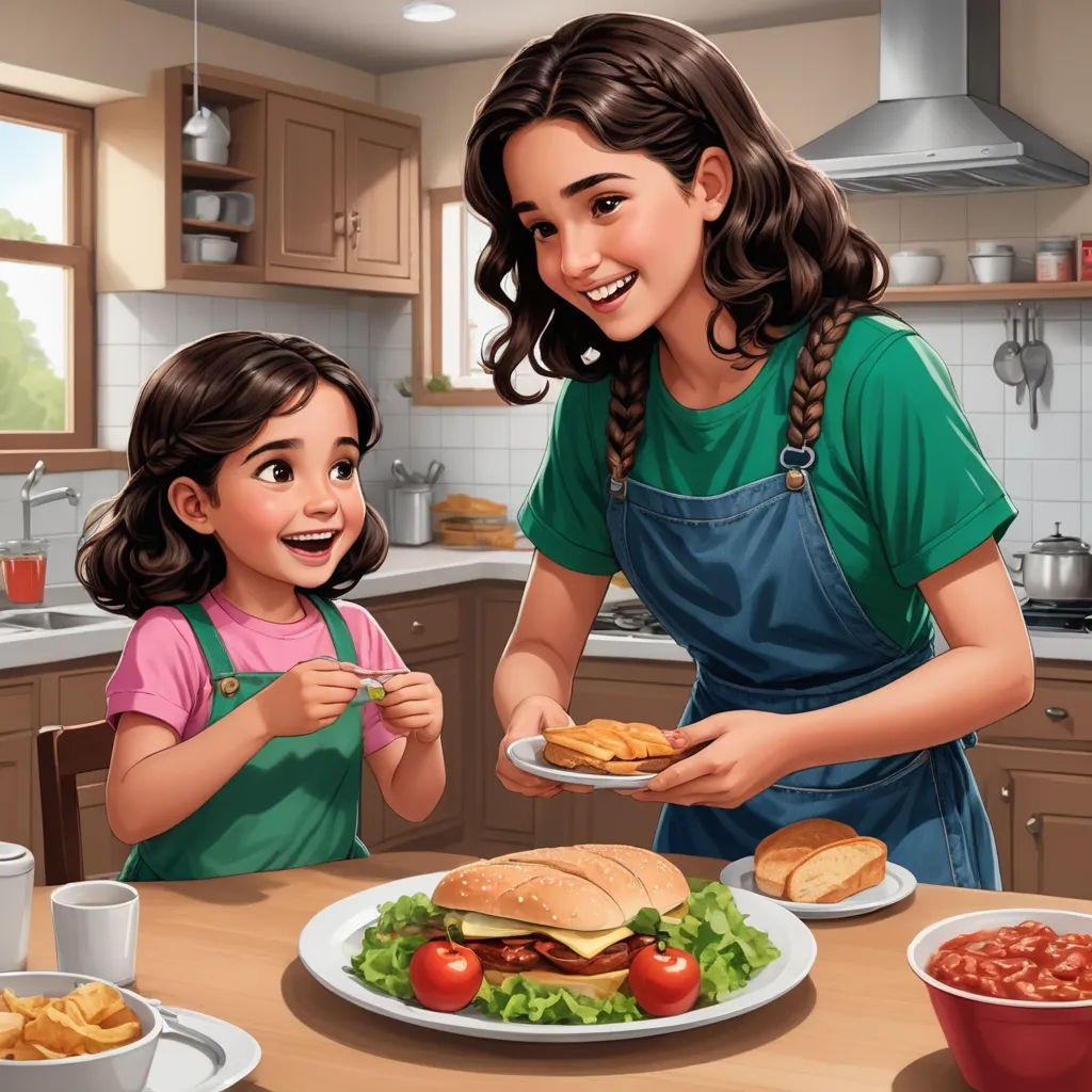 a woman and a girl are eating a hamburger and fries together in the kitchen together, with a plate of chips and tomatoes, american scene painting, a storybook illustration, Bourgeois, ultra realistic illustration