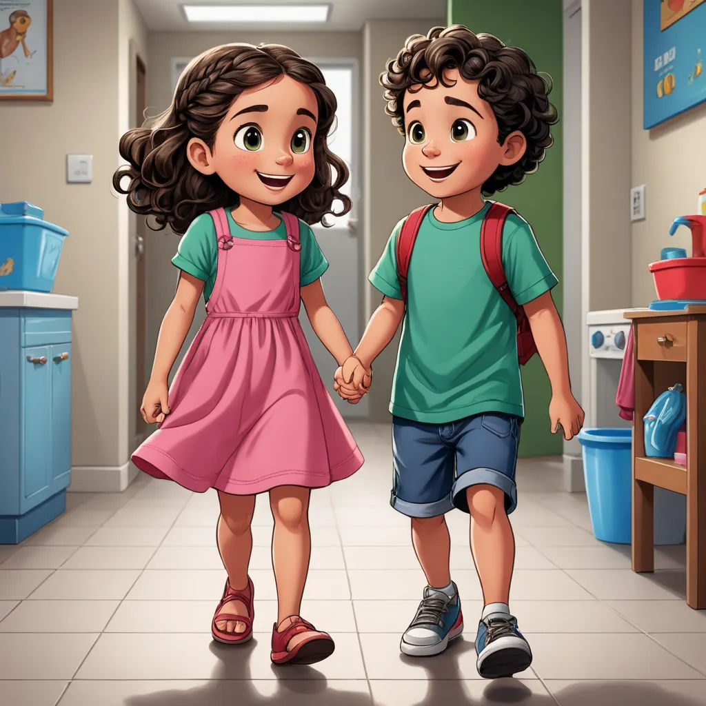 a boy and a girl are walking in a room together holding hands and smiling at each other with a blue trash can in the background, danube school, a storybook illustration, Diego Gisbert Llorens, promotional image