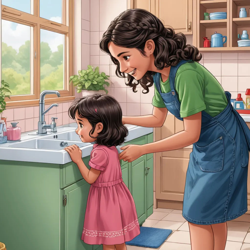 a woman and a little girl in a kitchen washing dishes together and looking at each other's hands, american scene painting, a storybook illustration, Anthony Devas, storybook illustration