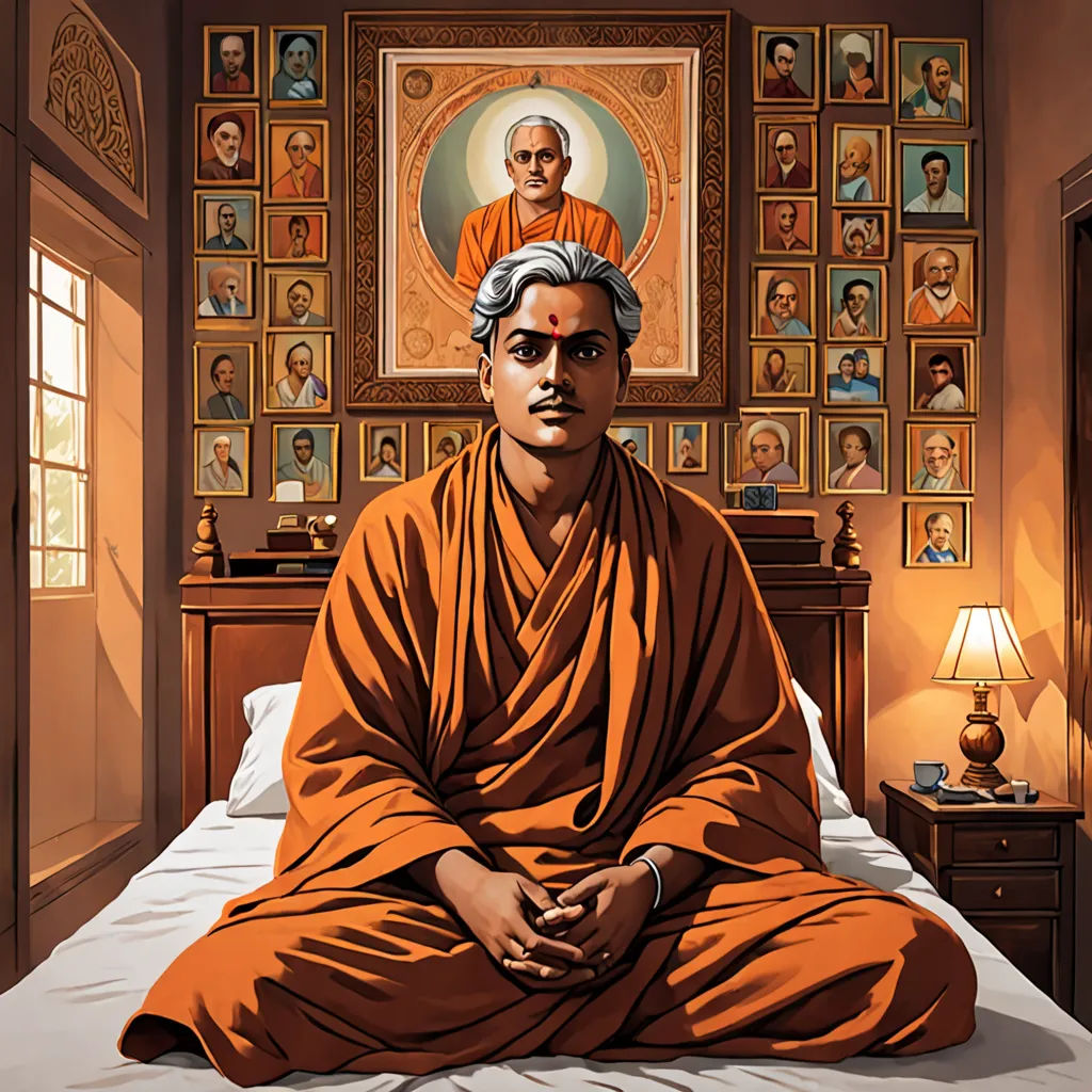 a painting of a man sitting on a bed in a room with pictures on the wall and a painting of a monk, samikshavad, poster art, Bholekar Srihari, promotional image