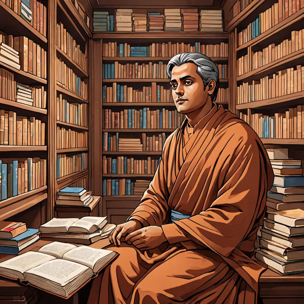 a man sitting in a library with a book on a desk and a lot of books on the shelves, samikshavad, an illustration of, Bholekar Srihari, official art