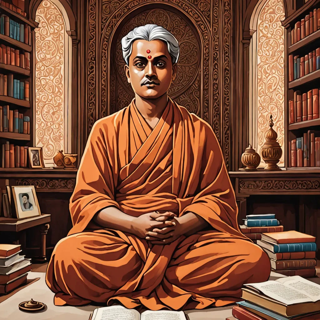 a painting of a man sitting in a library with books on the floor and a book case behind him, samikshavad, an illustration of, Bholekar Srihari, promotional image
