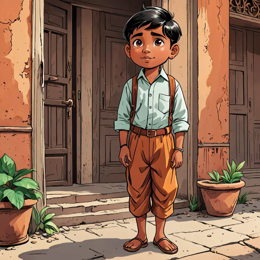 a boy standing in front of a doorway with a potted plant in front of him and a door behind him, samikshavad, a storybook illustration, Cliff Childs, comic cover art