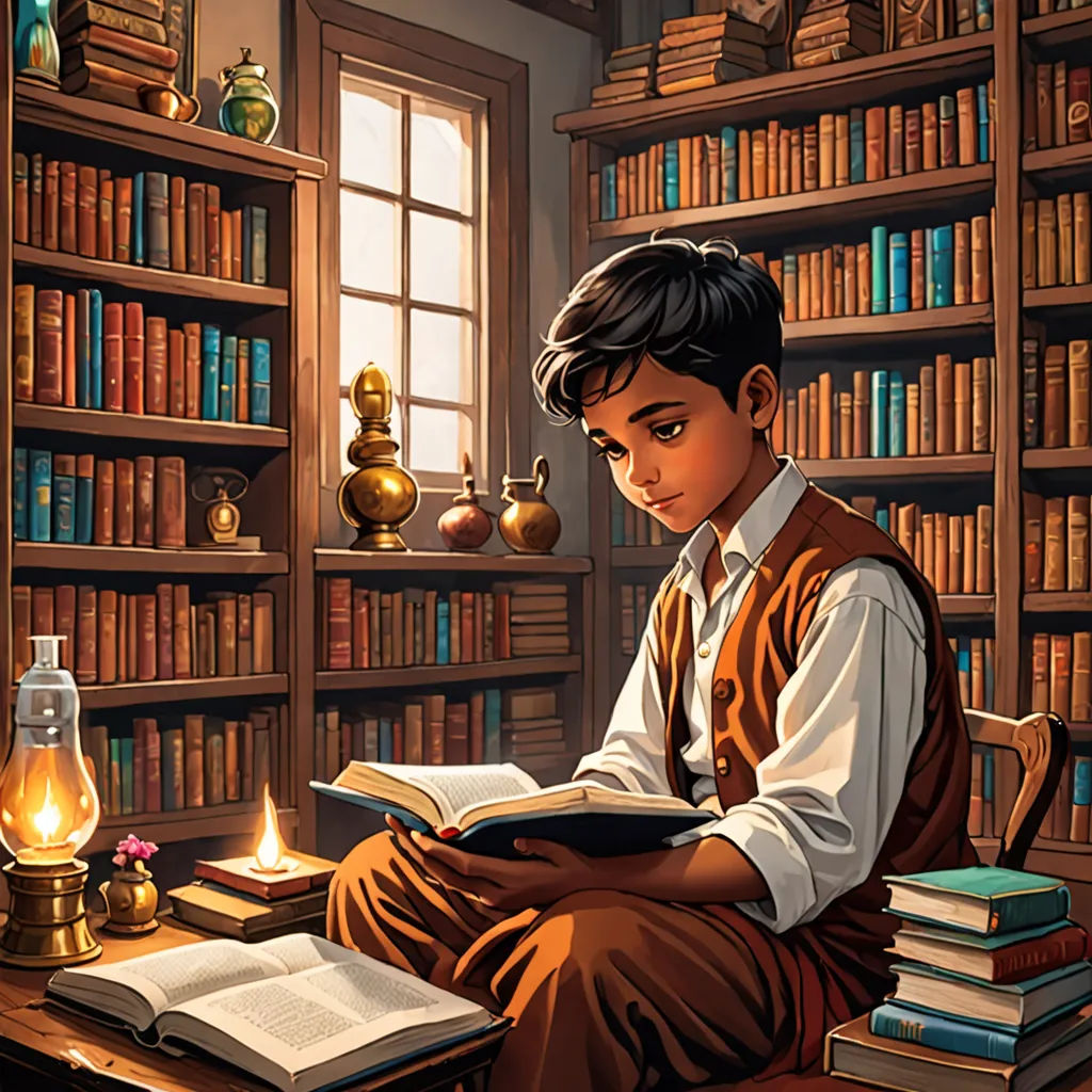 a boy sitting in a chair reading a book in a library with a lamp and bookshelf in the background, fantasy art, a storybook illustration, Aaron Jasinski, storybook illustration