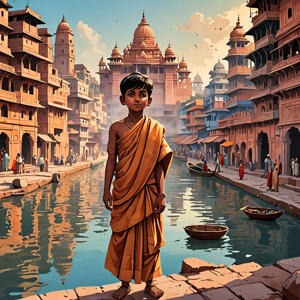a painting of a man standing on a brick walkway next to a body of water with a boat in the background, samikshavad, a detailed matte painting, Anthony Devas, highly detailed digital painting