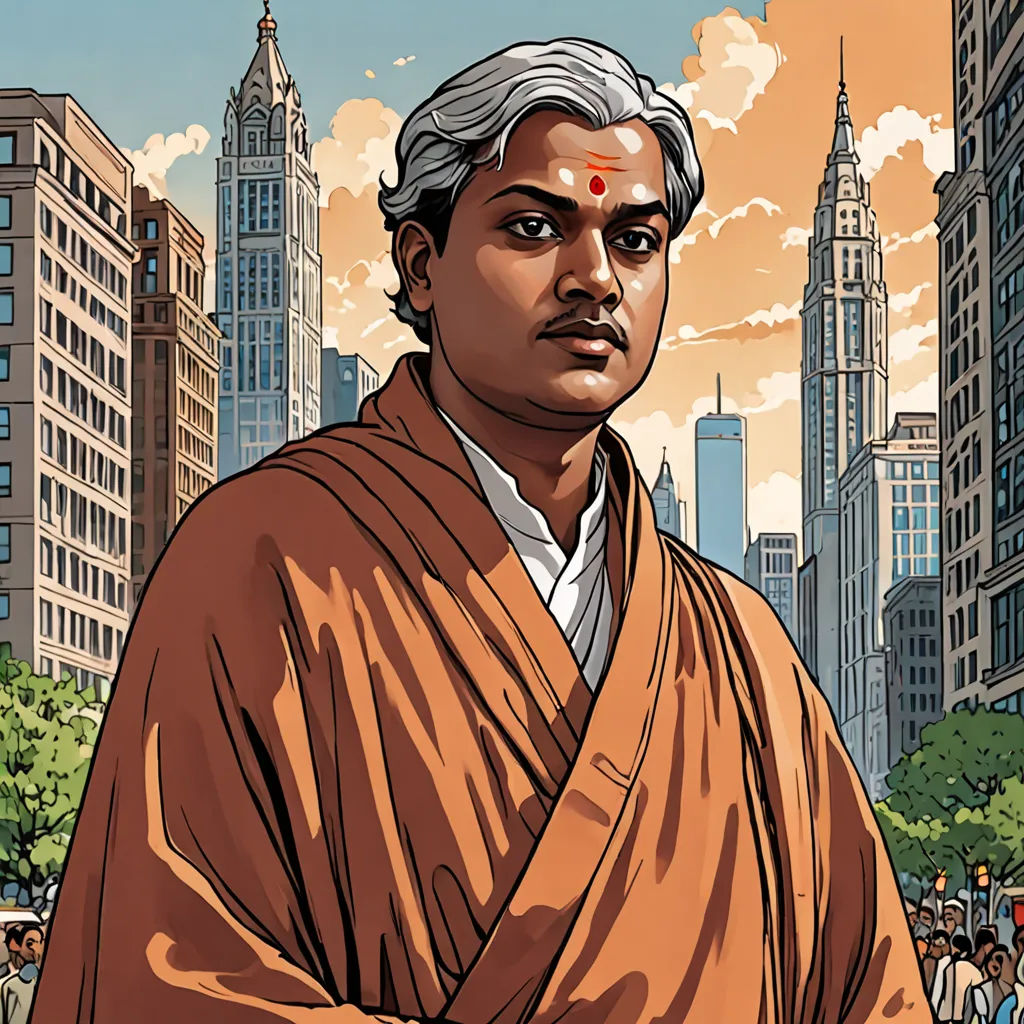a man in a robe standing in front of a city skyline with buildings and a sky background with clouds, samikshavad, a character portrait, Bholekar Srihari, jayison devadas