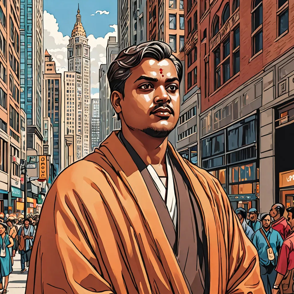 a man in a robe is standing in the middle of a busy city street with people walking around him, samikshavad, a character portrait, Bhupen Khakhar, jayison devadas