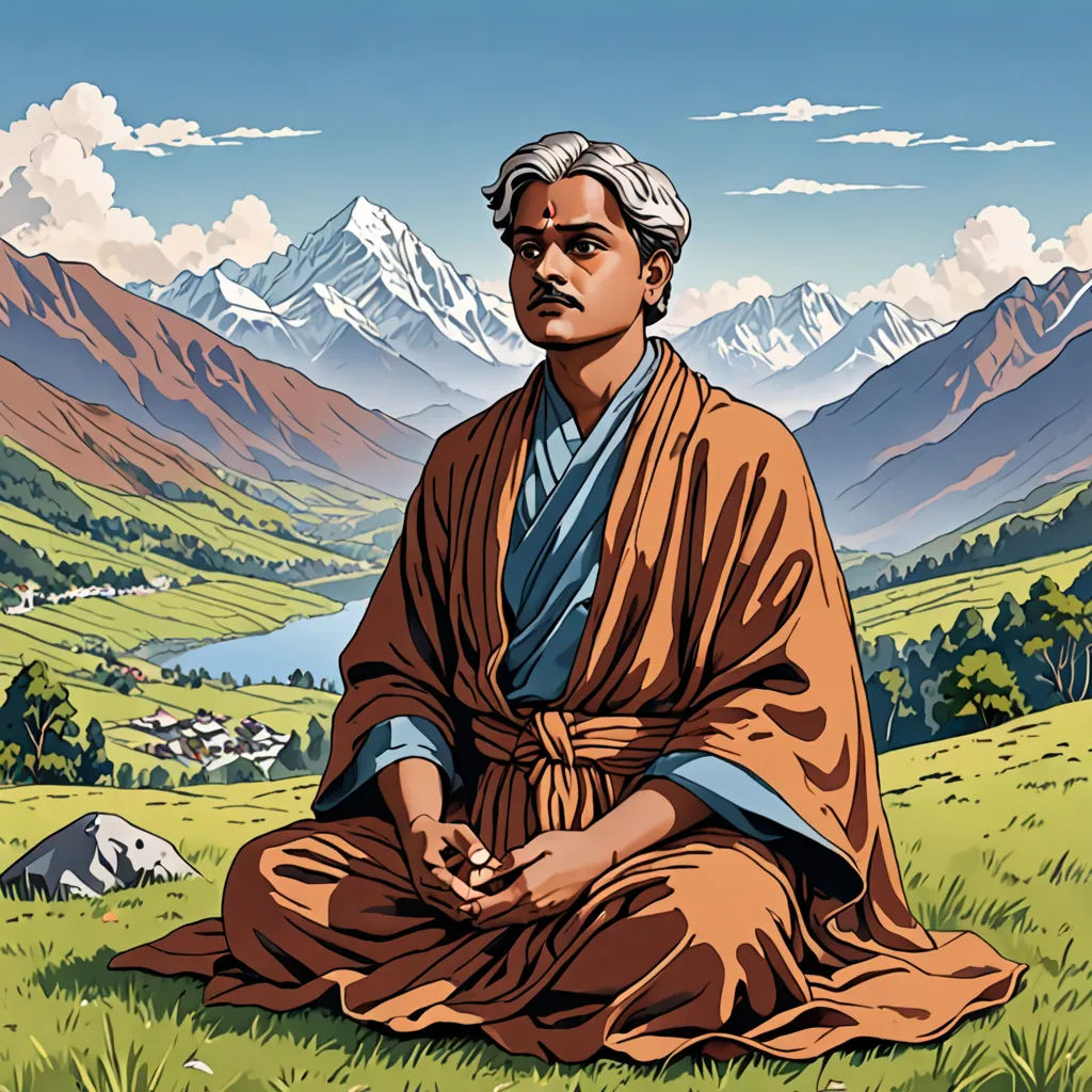 a man sitting in a field with mountains in the background and a sky with clouds in the background, with a mountain range in the background, samikshavad, a comic book panel, Bhupen Khakhar, official art