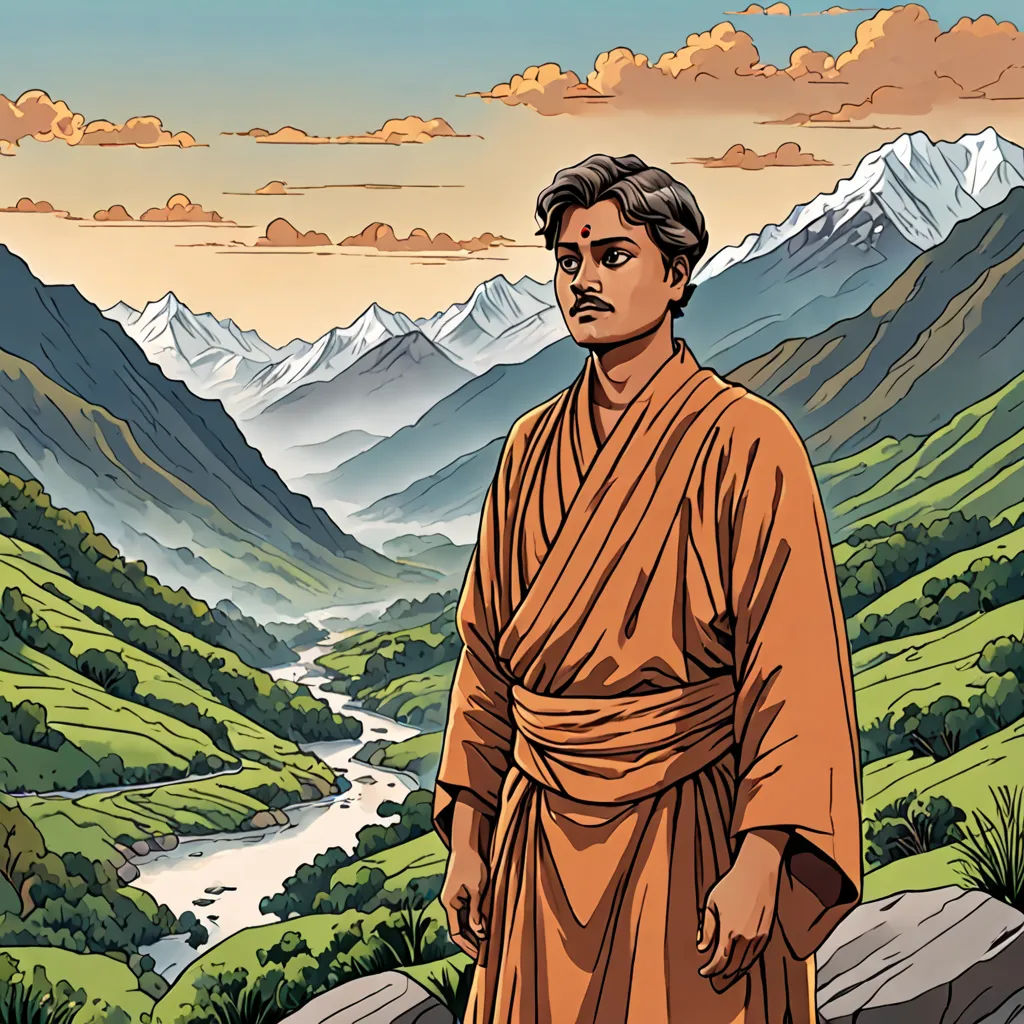 a man in a robe standing in front of a mountain landscape with a river running through it and mountains in the background, samikshavad, a comic book panel, Bholekar Srihari, promotional image
