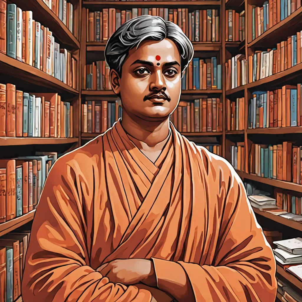 a man standing in front of a book shelf filled with books and bookshelves with a painting of him, samikshavad, a character portrait, Bholekar Srihari, jayison devadas