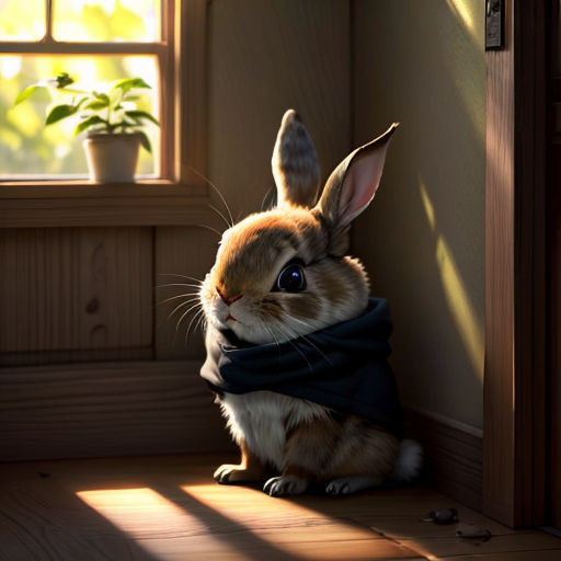 a rabbit is sitting in a room with a scarf around its neck and a potted plant in the corner