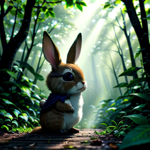 a rabbit sitting on a wooden walkway in the woods with sunlight streaming through the trees behind it and a blue ribbon around its neck