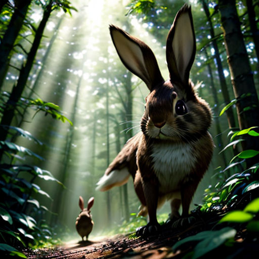 a rabbit and a rabbit are walking through the woods together, with the light coming through the trees behind them
