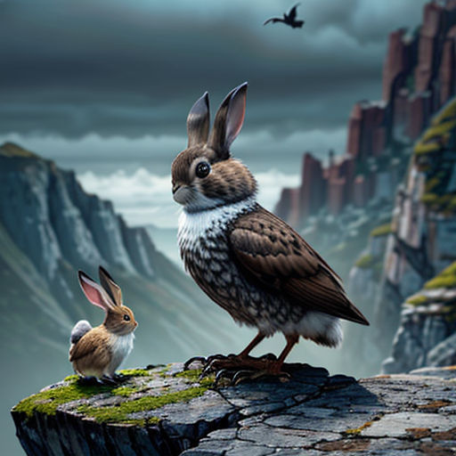 a bird and two rabbits on a cliff with a dark sky in the background and a bird flying over the cliff