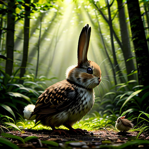 a rabbit is standing in the middle of a forest with a bird sitting on the ground in front of it