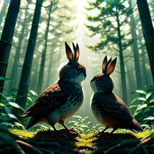 two birds sitting on top of a lush green forest filled with trees and grass, facing each other, with the sun shining through the trees behind them